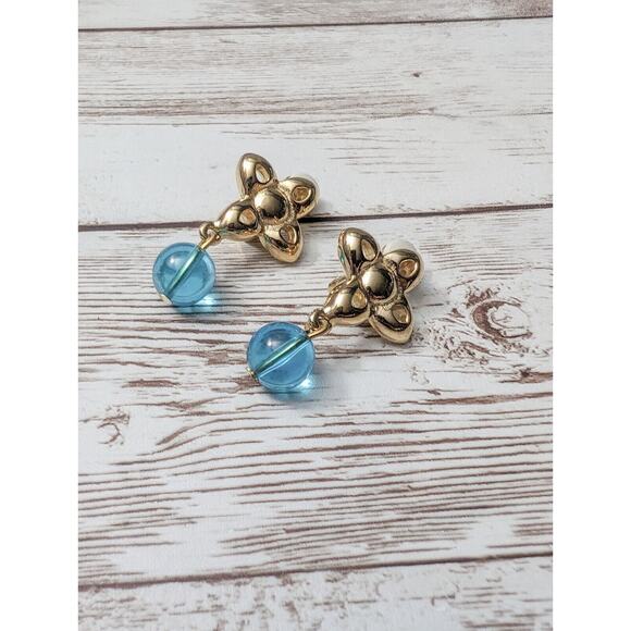 Vintage Givenchy Clip On Earrings - Gold Tone & Blue Dangle - Picture 2 of 7